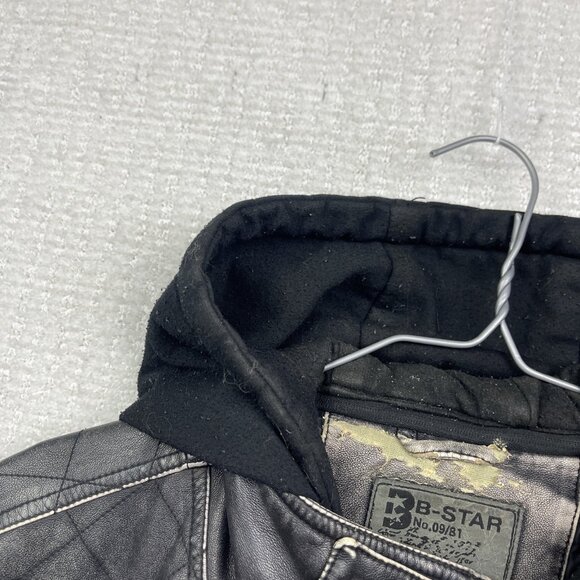 VTG B-STAR Faux Leather Moto jacket Distressed Punk Military Quilted Hood Sz S** - Picture 9 of 14